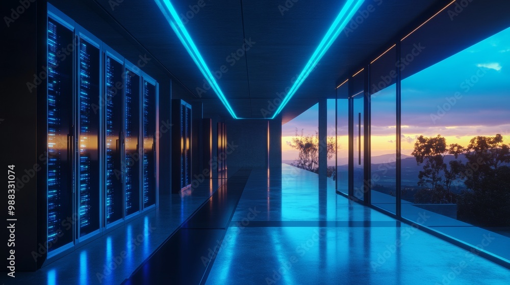 3D render of a modern, futuristic data center with blue lights and server cabinets 3D render of a modern, futuristic data center with blue lights and server cabinets