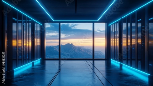 3D render of a modern, futuristic data center with blue lights and server cabinets