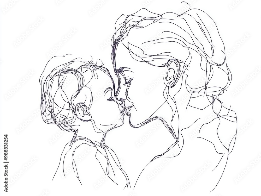 Tender connection expressed through a continuous line drawing of a mother and child sharing a loving gaze Tender connection expressed through a continuous line drawing of a mother and child sharing a loving gaze