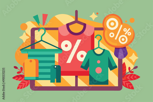 A vibrant store window showcases a variety of clothing with bright colors and attractive discount tags, enticing shoppers to explore the selections.