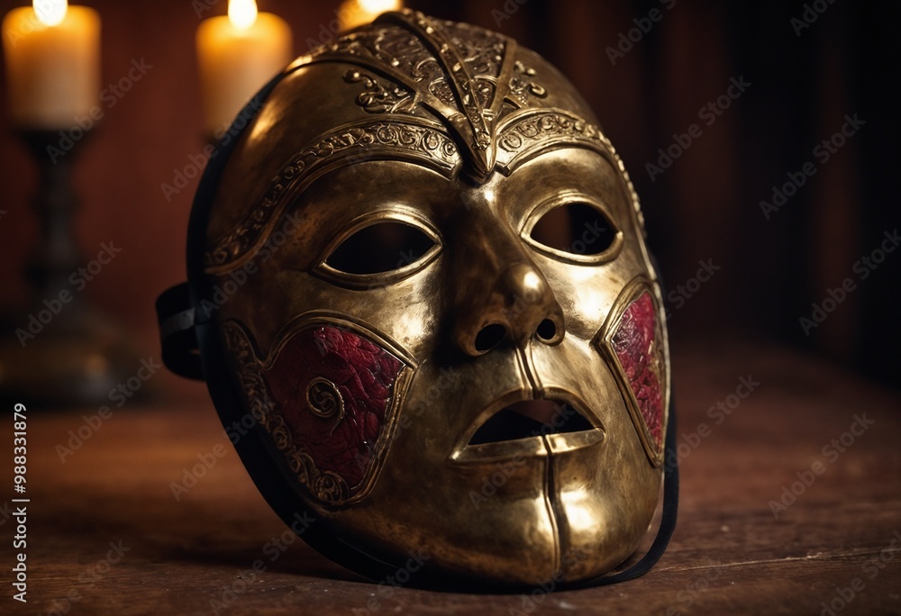 Decorative golden mask on wooden table with candles in dimly lit room Decorative golden mask on wooden table with candles in dimly lit room