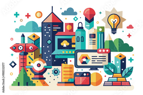 A lively illustration featuring colorful buildings, tech elements, and creative symbols representing innovation and design in a modern city context.