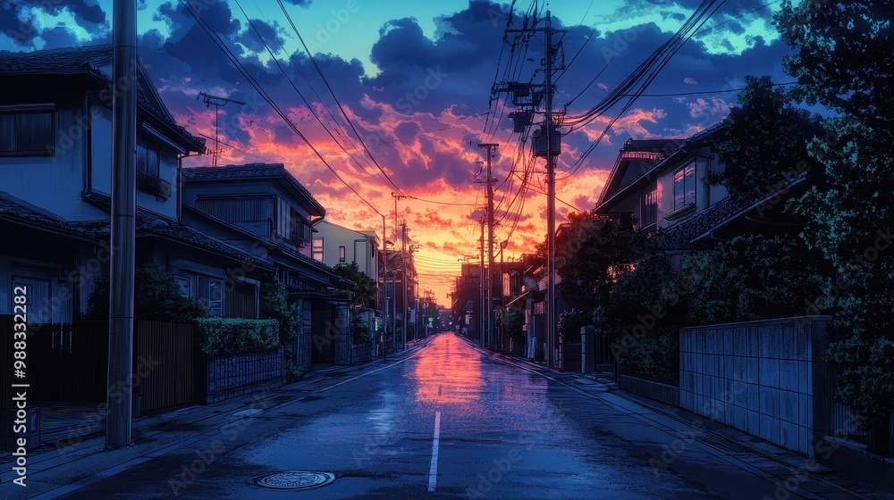 Vibrant Twilight in a Quaint Japanese Village Vibrant Twilight in a Quaint Japanese Village