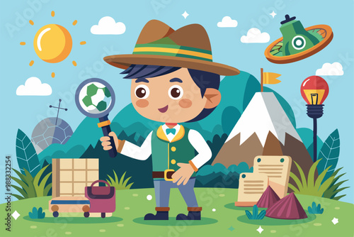 A young explorer inspects nature with a magnifying glass, surrounded by vibrant landscapes and playful elements under a bright sun.