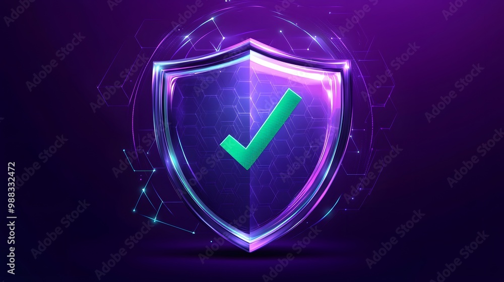Protection. Healthcare. Insurance. Cyber security. Network safety. Protection shield with green Check mark icon inside transparent sphere shield with hexagon pattern on purple background. Vector illus Protection. Healthcare. Insurance. Cyber security. Network safety. Protection shield with green Check mark icon inside transparent sphere shield with hexagon pattern on purple background. Vector illus