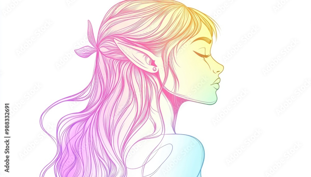 Line art illustration of a colorful gradient depicting a charming cartoon elf girl Line art illustration of a colorful gradient depicting a charming cartoon elf girl
