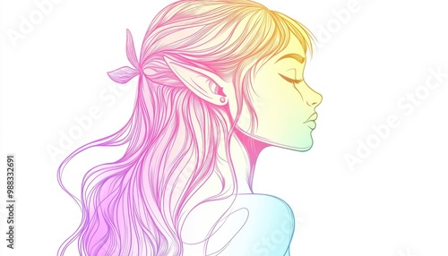 Line art illustration of a colorful gradient depicting a charming cartoon elf girl