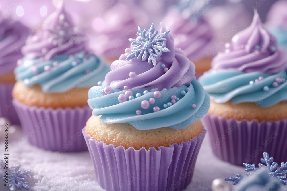 cupcakes with blue and purple frosting, topped with snowflake decorations, set against a pastel background cupcakes with blue and purple frosting, topped with snowflake decorations, set against a pastel background