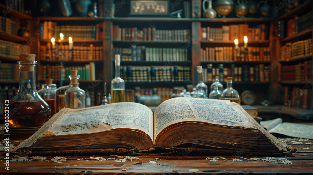 Fototapeta premium An open book lying on a table in the library