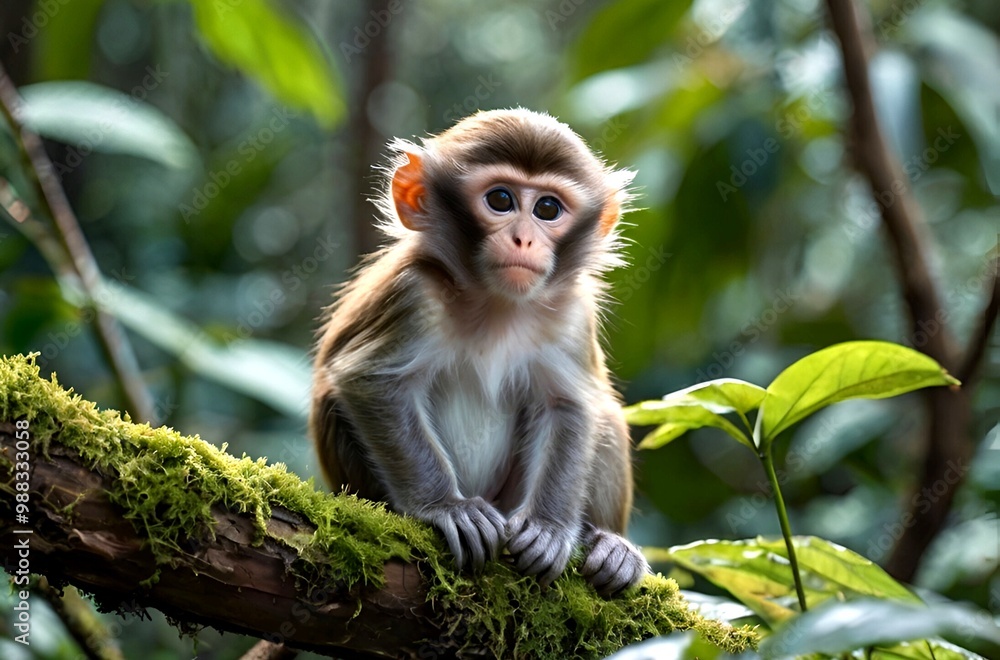Obraz premium Scene of a little monkey with an innocent and beautiful face sitting on a tree in a forest