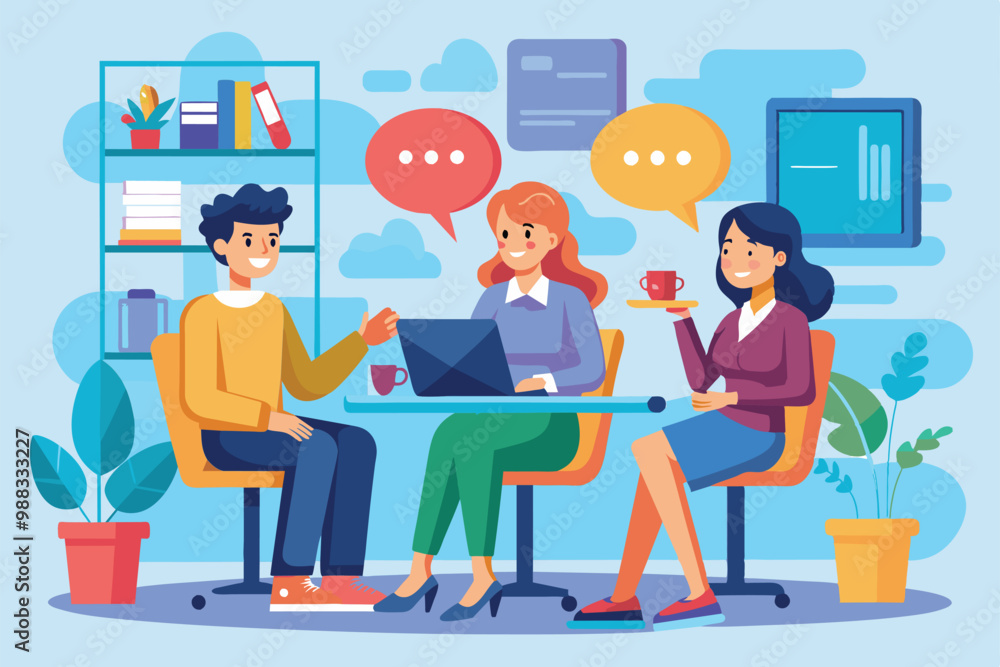 Three colleagues engage in a lively discussion while working on a laptop in a colorful office setting with plants and bookshelves. Three colleagues engage in a lively discussion while working on a laptop in a colorful office setting with plants and bookshelves.