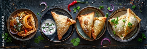 Asian Pies Set with Qutab, Homemade Samosa, Indian Samsa, Traditional Uzbek Burekas photo