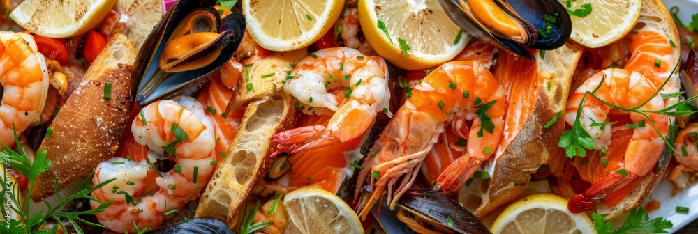 Seafood with Garlic Baguette, Toasted Bread, Cooked Prawns, Shrimps, Mussels and Salmon Fillet