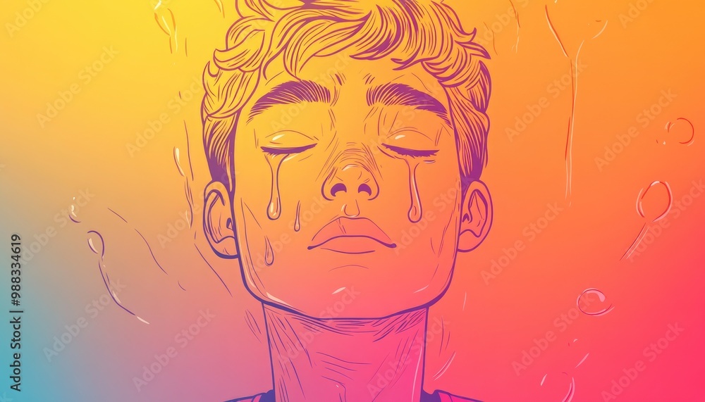 Line art illustration featuring a warm gradient of a cartoon man in tears Line art illustration featuring a warm gradient of a cartoon man in tears