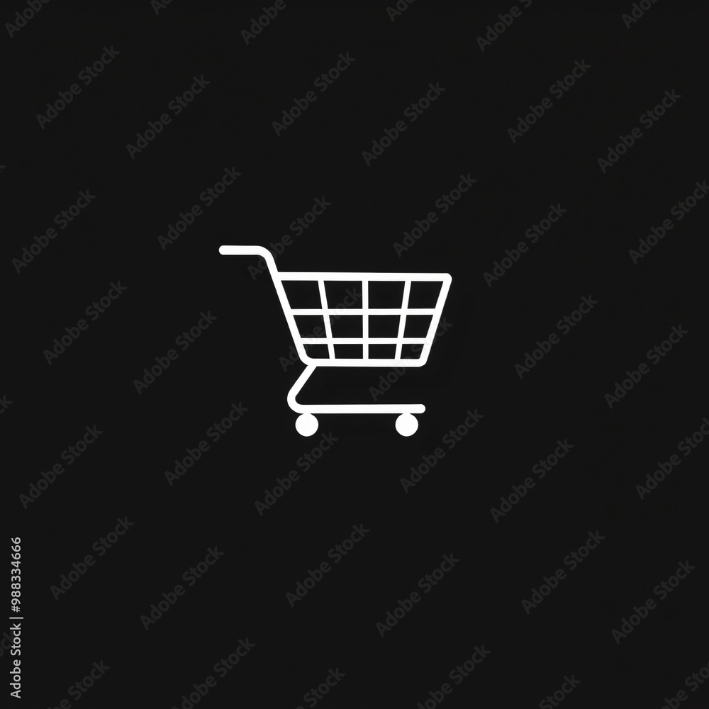 Simple white shopping cart icon on a black background emphasizing online shopping and consumerism in modern technology Simple white shopping cart icon on a black background emphasizing online shopping and consumerism in modern technology