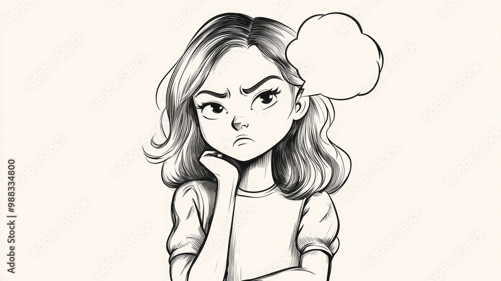 Line art illustration of a cartoon girl expressing annoyance with a thought bubble Line art illustration of a cartoon girl expressing annoyance with a thought bubble