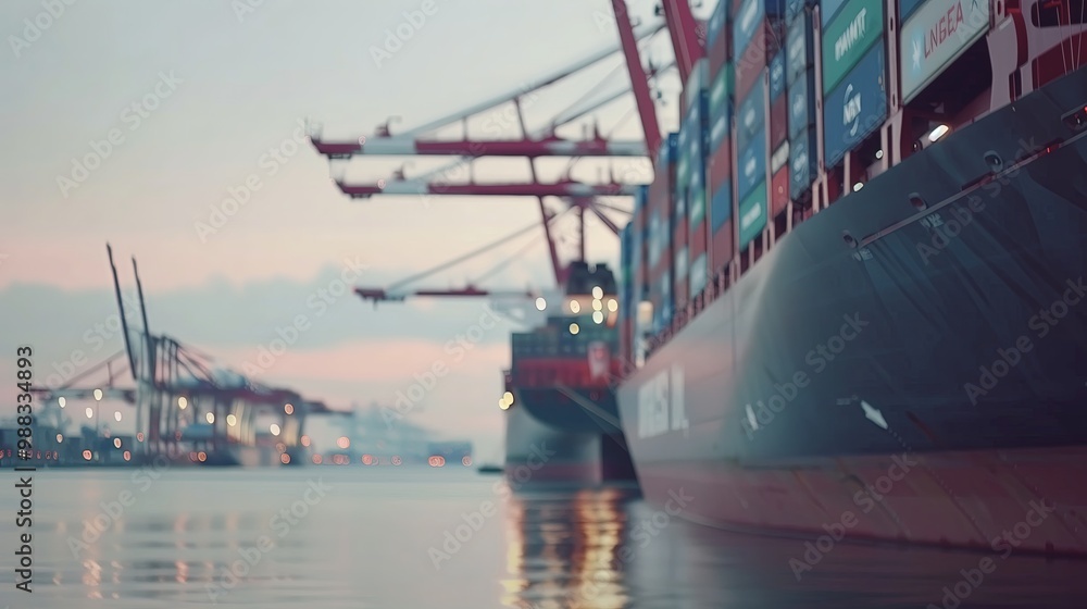 © Ricky - A large cargo ship docked at a port, with containers stacked high and cranes idle in the background.