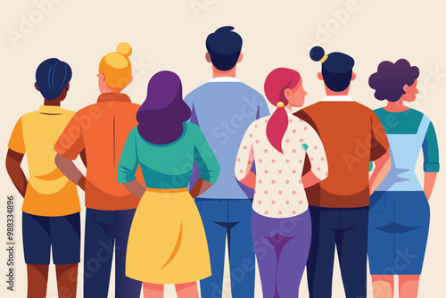 A diverse group of individuals dressed in casual clothing stands with their backs turned, showcasing colorful outfits and personalities.
