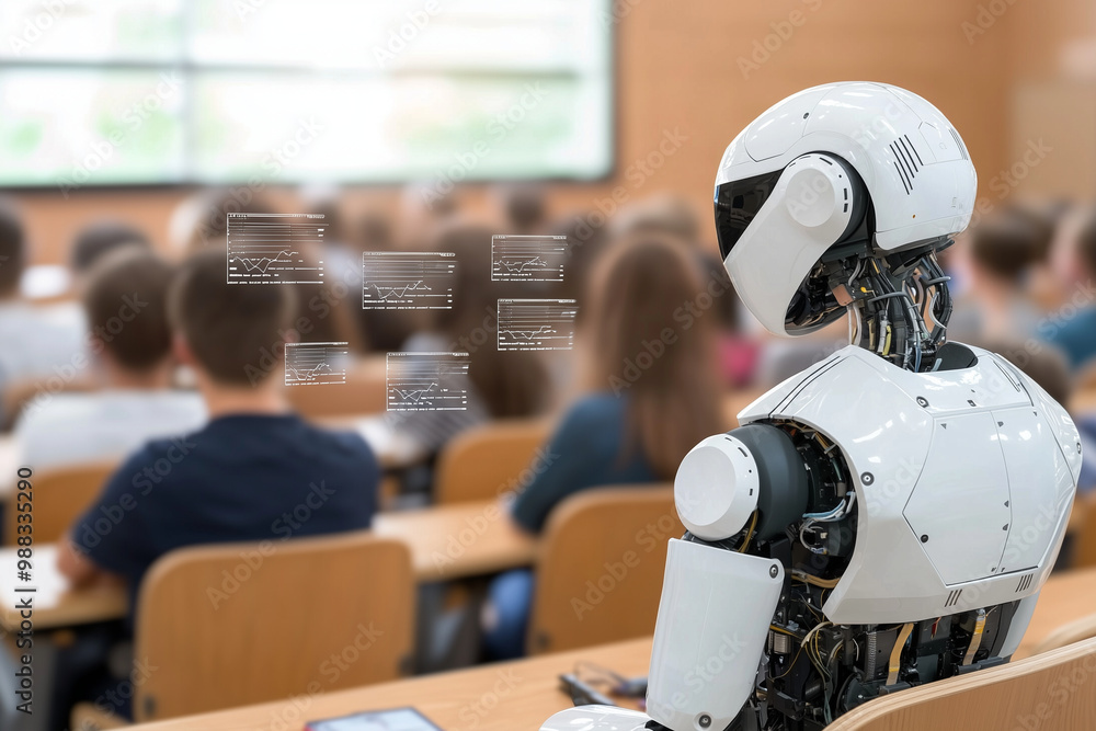 humanoid robot observes classroom filled with students, showcasing blend of technology and education. robots advanced features highlight future of learning environments humanoid robot observes classroom filled with students, showcasing blend of technology and education. robots advanced features highlight future of learning environments