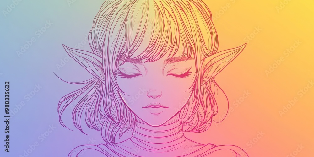 Line art illustration featuring a warm gradient design of a whimsical cartoon elf girl Line art illustration featuring a warm gradient design of a whimsical cartoon elf girl