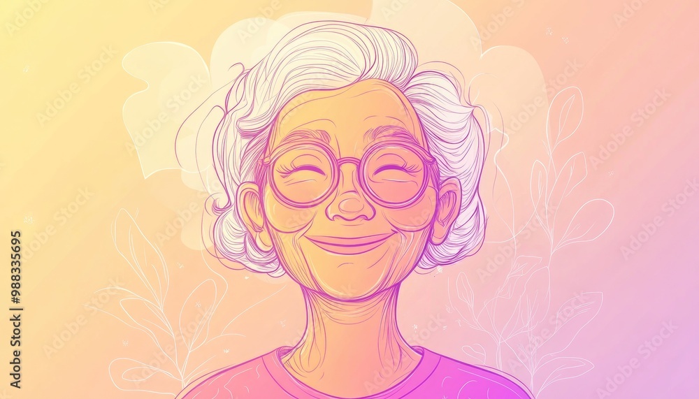 Warm gradient line drawing of a cheerful elderly woman in a cartoon style Warm gradient line drawing of a cheerful elderly woman in a cartoon style