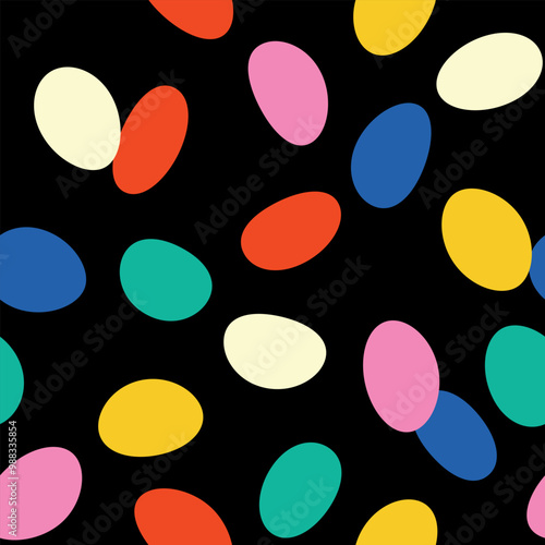 Seamless colorful pattern with multi-colored oval, confetti on a black background, hand drawn illustration