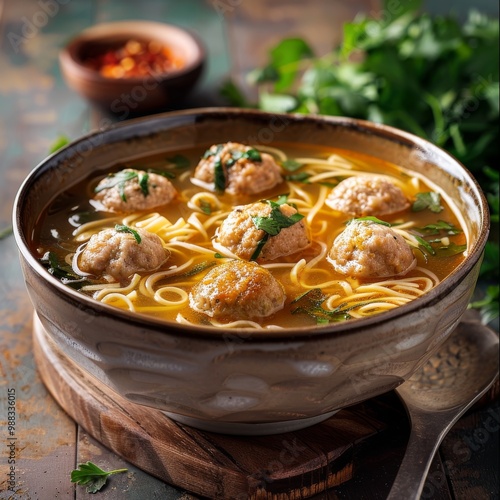 Noodle Soup Arishta with Chicken Meatballs, Clear Sturdy Seasoned Broth with Turkey Meat Balls photo