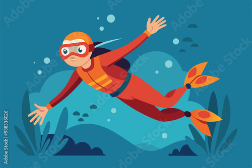 A diver in a bright red suit swims gracefully through a colorful underwater landscape full of marine life.