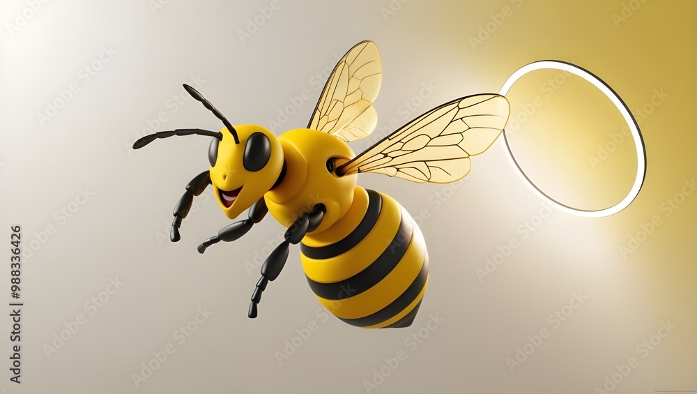 A highly detailed, vibrant, and whimsical 3D render of a bee in mid-air, set against a soft, creamy white background A highly detailed, vibrant, and whimsical 3D render of a bee in mid-air, set against a soft, creamy white background