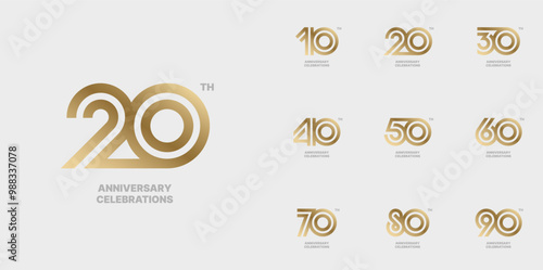 Set of anniversary logo design. Symbols of celebration 10, 20, 30, 40, 50, 60, 70, 80, 90 years.