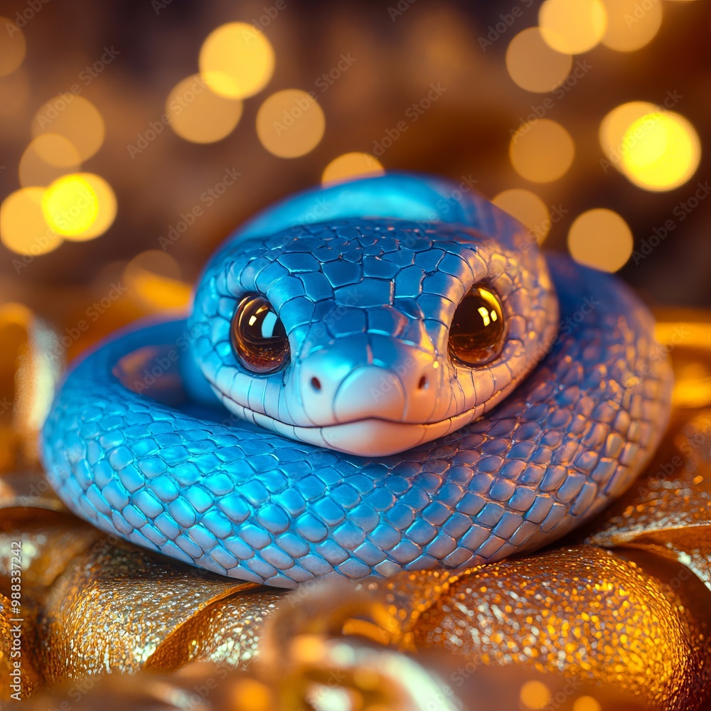 Fototapeta premium A blue snake sitting on top of a gold leaf