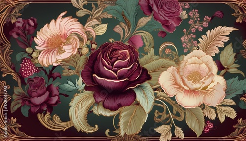 Envision a richly detailed vintage wallpaper design with classic Victorian motifs. The flowe photo