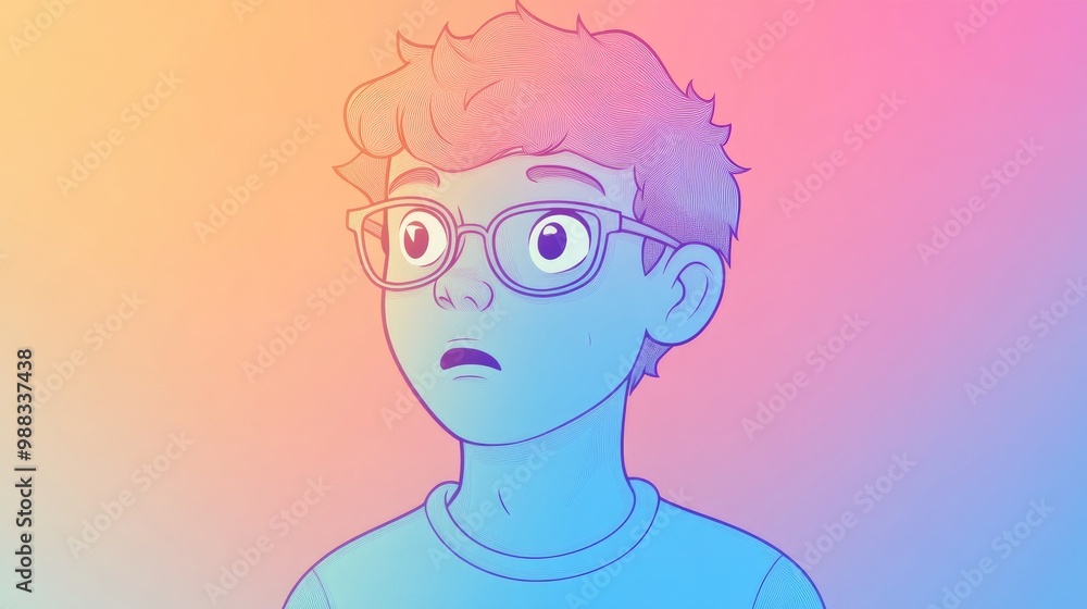 Line art illustration of a cold gradient depicting a cartoon boy with glasses looking confused Line art illustration of a cold gradient depicting a cartoon boy with glasses looking confused