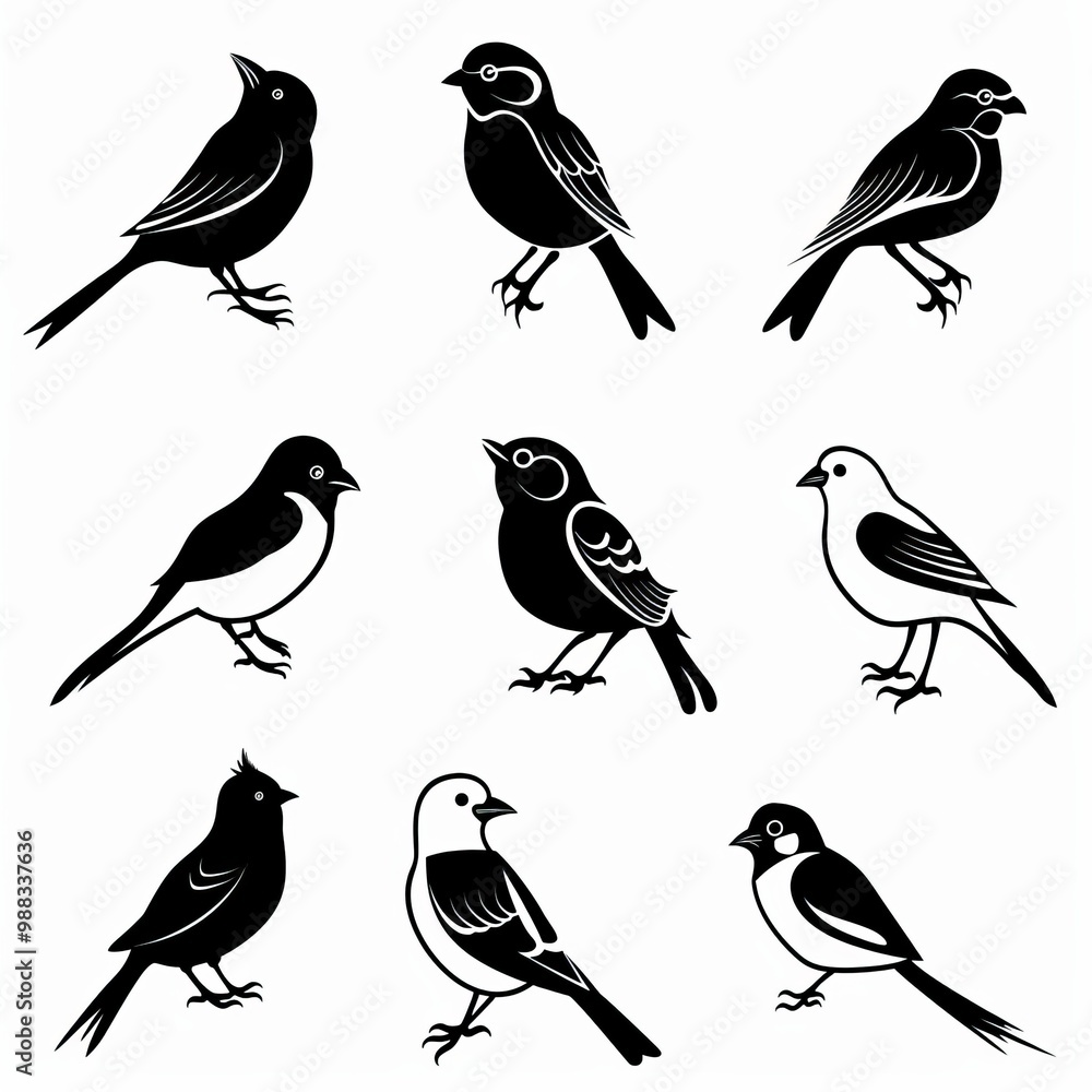 Fototapeta premium Bird icon set, black and white sparrow symbols, bird sign collection, wild animal pictograms on white