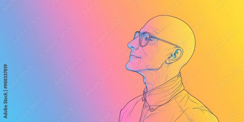 Line art illustration featuring a rainbow gradient drawing of a cartoon bald man Line art illustration featuring a rainbow gradient drawing of a cartoon bald man