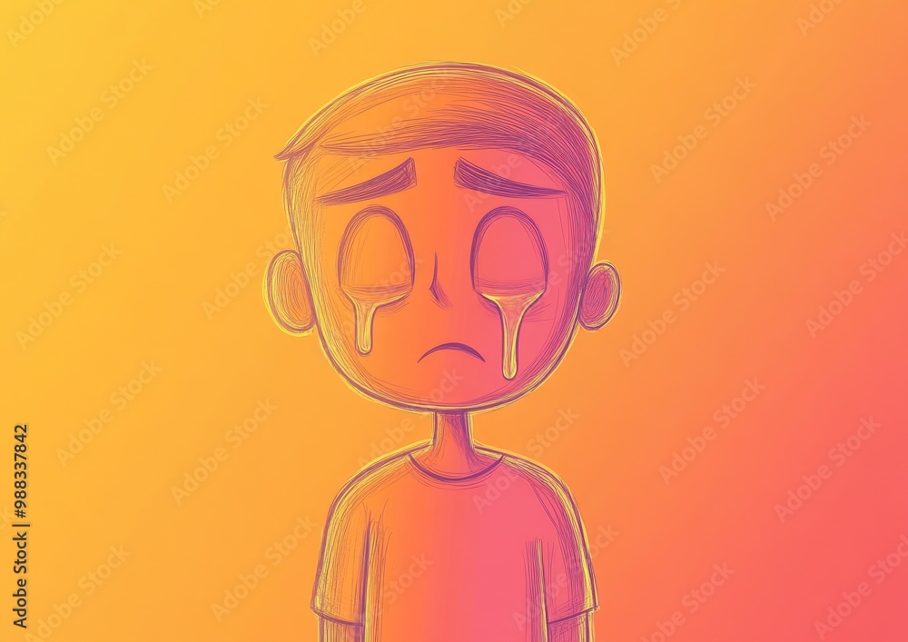 Line art illustration of a warm gradient drawing featuring a cartoon character expressing sadness with tears Line art illustration of a warm gradient drawing featuring a cartoon character expressing sadness with tears