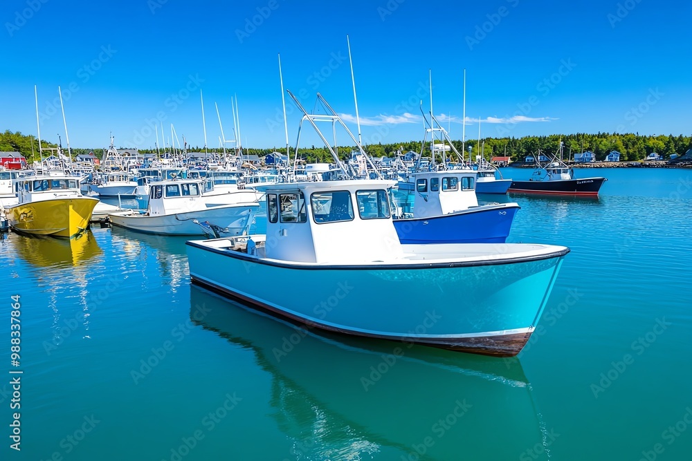Fishing boats at Baileys Harbor, docked in a quiet harbor with fishermen preparing for a day on the water Fishing boats at Baileys Harbor, docked in a quiet harbor with fishermen preparing for a day on the water