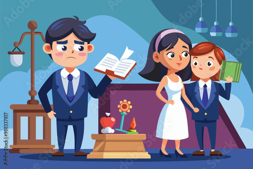 A couple stands before a lawyer in a law office, discussing divorce proceedings while holding legal documents and emotional expressions.