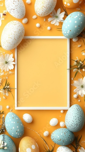 A decorative Easter card is adorned with a white square frame in the center, surrounded by vibrant colored eggs and blooming flowers laid out on a soft orange background photo