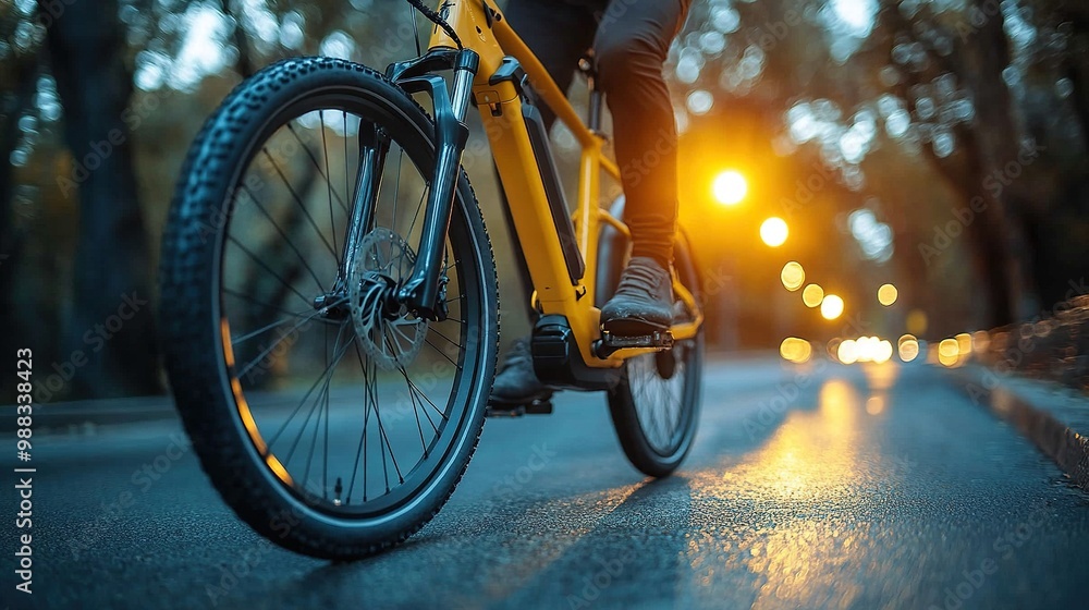 Obraz premium midsection of businessman commuter setting up electric bicycle in city