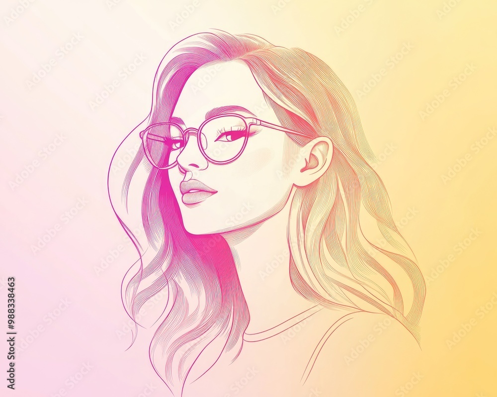 Line art illustration featuring a warm gradient drawing of a cartoon woman with glasses Line art illustration featuring a warm gradient drawing of a cartoon woman with glasses