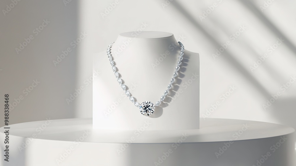 Gleaming diamond necklace set on an elegant podium against a pure white backdrop, capturing its brilliance and elegance Gleaming diamond necklace set on an elegant podium against a pure white backdrop, capturing its brilliance and elegance