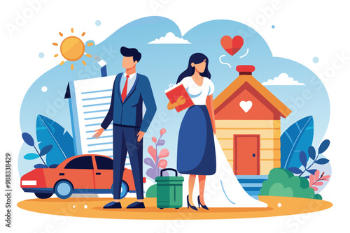 A couple stands outside their home, symbolizing their divorce. One holds divorce papers, while the other carries a suitcase, conveying the emotional journey.