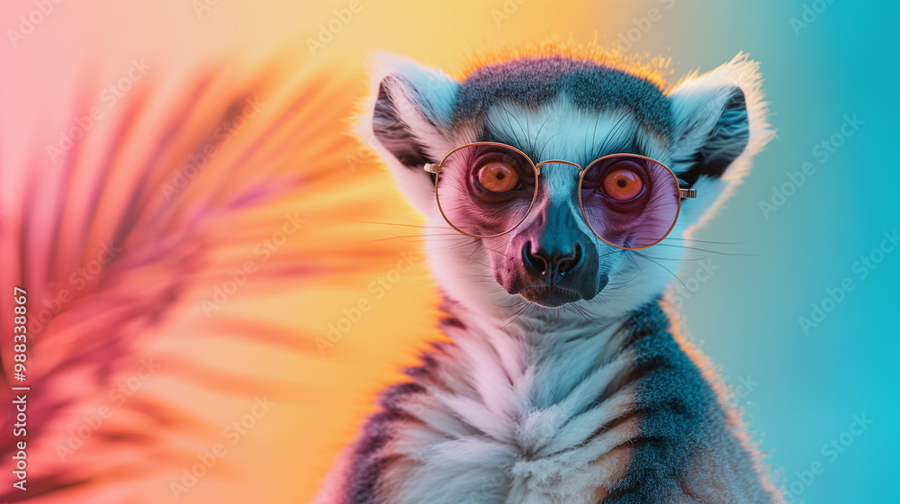 A ring tailed lemur with sunglasses in front of a neon colorful background A ring tailed lemur with sunglasses in front of a neon colorful background