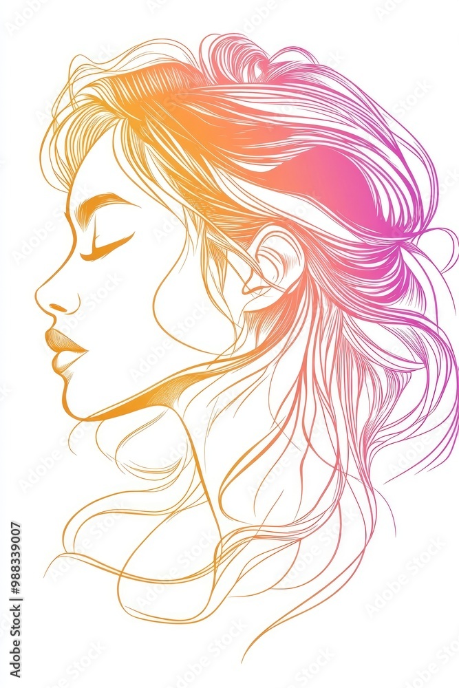 Line art illustration featuring a warm gradient of a cartoon woman in a stylized drawing Line art illustration featuring a warm gradient of a cartoon woman in a stylized drawing