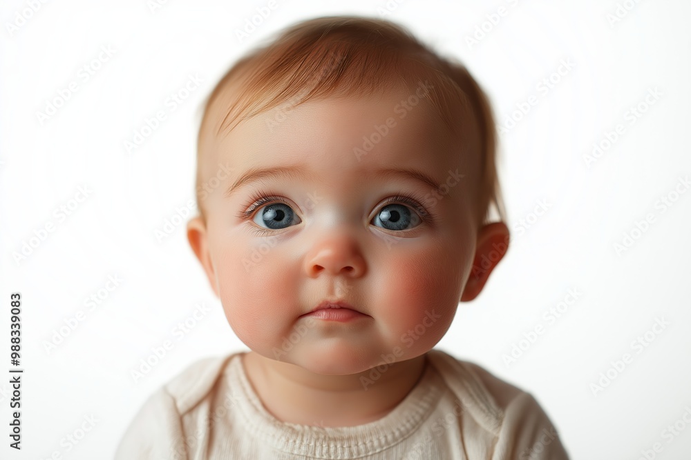 Baby with blue eyes and a white shirt. The baby has a blue eye. Cute baby in white looks up with a confused expression isolated on a clear background. Baby with blue eyes and a white shirt. The baby has a blue eye. Cute baby in white looks up with a confused expression isolated on a clear background.