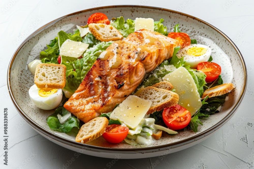 Caesar Salad with Grilled Salmon, Red Fish Fillet Salat, Quail Egg, Mini Baguette Crackers