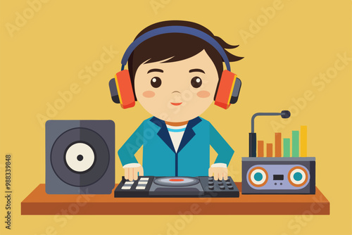 A cheerful boy in headphones mixes music at a stylish desk, surrounded by speakers and sound equipment, showcasing his passion for DJing.