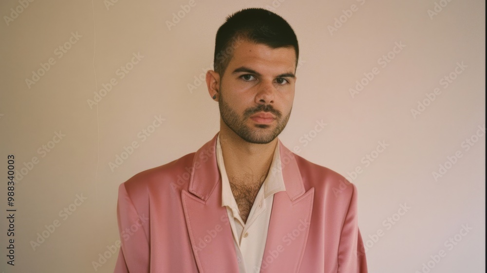 Portrait of a man in a pink jacket on a beige background
Portrait of a man in a pink jacket on a beige background