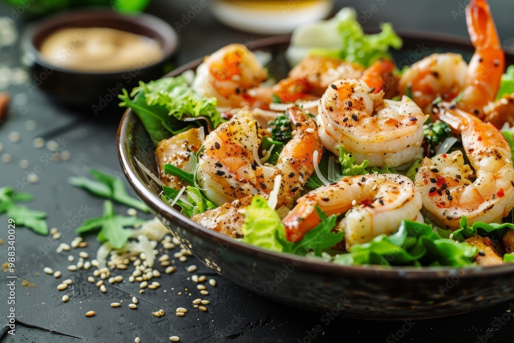 Caesar Salad with Shrimps, Chicken, in Metal Bowler with Sesame Seeds on Dark Stone Background Caesar Salad with Shrimps, Chicken, in Metal Bowler with Sesame Seeds on Dark Stone Background